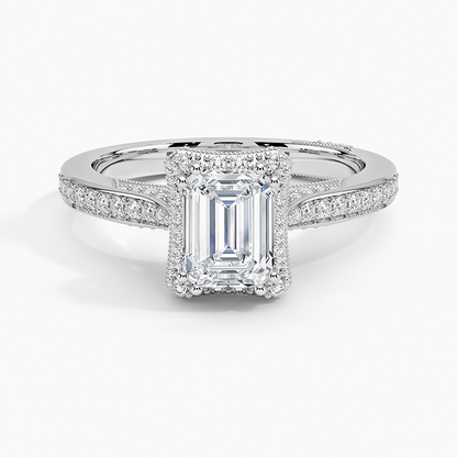 1.50 Emerald Kesim Halo Tasarım Tektaş Laboratuvar Pırlanta Yüzük 18K - Tilara